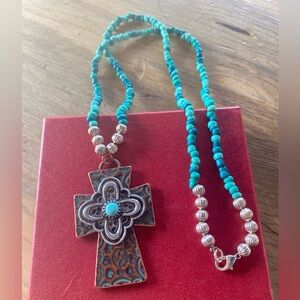 Turquoise and Silver Cross Pendant Necklace